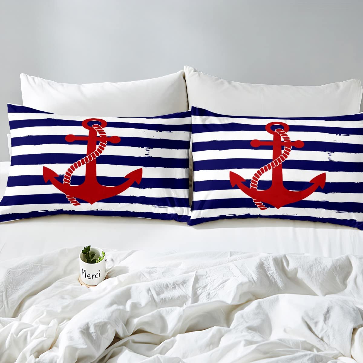 Nautical Anchor Duvet Cover Set King,Geometric Stripes Comforter Cover Ocean Adventure Theme Quilt Cover Navy Blue and Red Bedding Set 3pcs for Kids Girls Teens Boys Room Decor with 2 Pillowcases