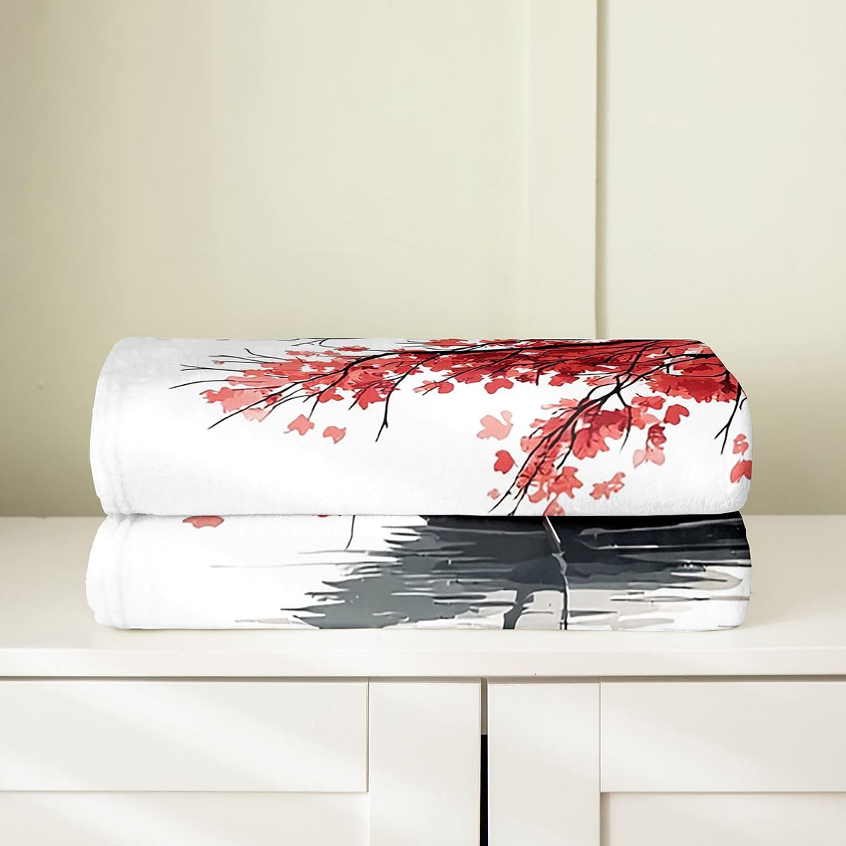 Erosebridal Red Cherry Blossoms Printed Blanket for Girls,Japanese Style Throw Blanket 40x50 Inch,Japan Fleece Blanket Soft,Ink Painting Fuzzy Blanket for Bedroom