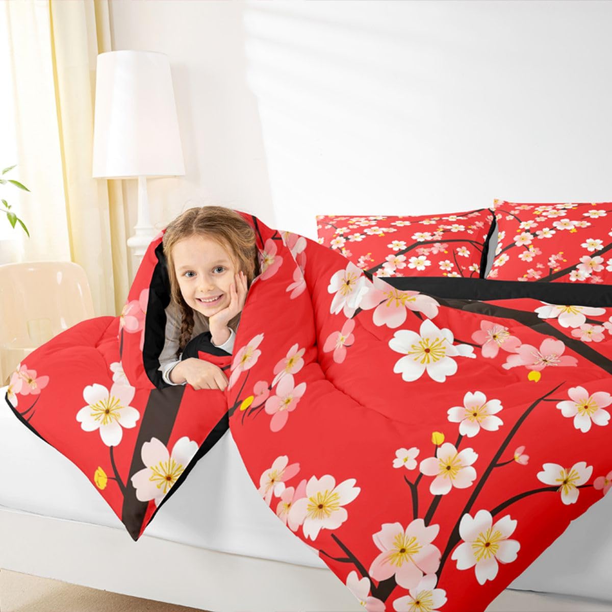 jejeloiu Cherry Blossom Kids Comforter Set Queen Size Japanese Style Bedding Set Chinese Ink Painting Duvet Quilt for Kids Boys Girls Bedroom Plum Blossom Decor Microfiber Ultra Soft Breathable