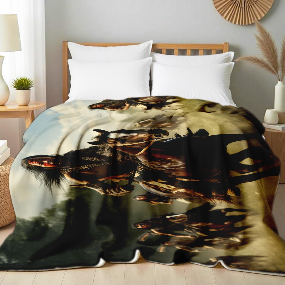 HUNXIAOJ Native American Blankets for Men Indian Print Blankets and Throws for Couch Bed Room Home Western Decor Flannel Throws Queen Size Native American Indian Gifts (49"x59")