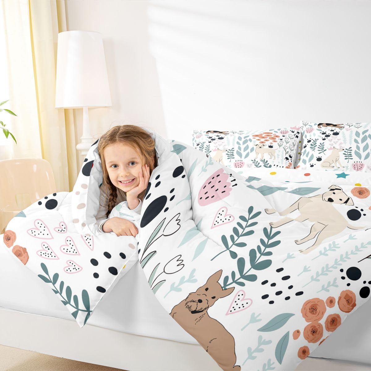 Erosebridal Kawaii Dog Bedding Set,Cartoon Puppy Dog Comforter Set Twin,Cute Love Heart Leaf Flower Comforter Set for Kids Girls Boys,Paw Print Pet Animals Quilt Duvet Insert with 1 Pillow Case