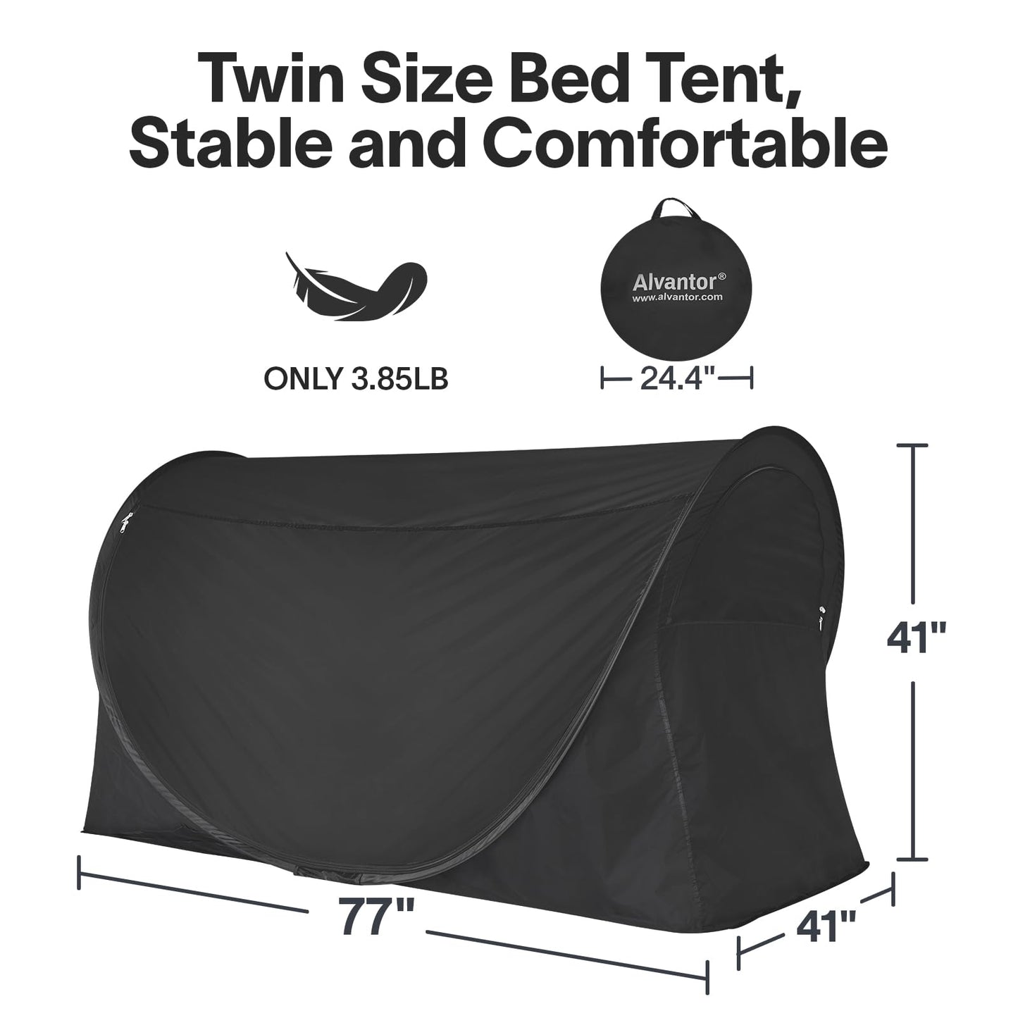 Alvantor Privacy Pop Up Bed Tent for Twin Bed, Easy Setup Blackout and Breathable Mesh Bed Canopy Lightweight Portable Sleep Pod with Carry Bag Dream Tent for Indoor Outdoor Use- Twin/Black