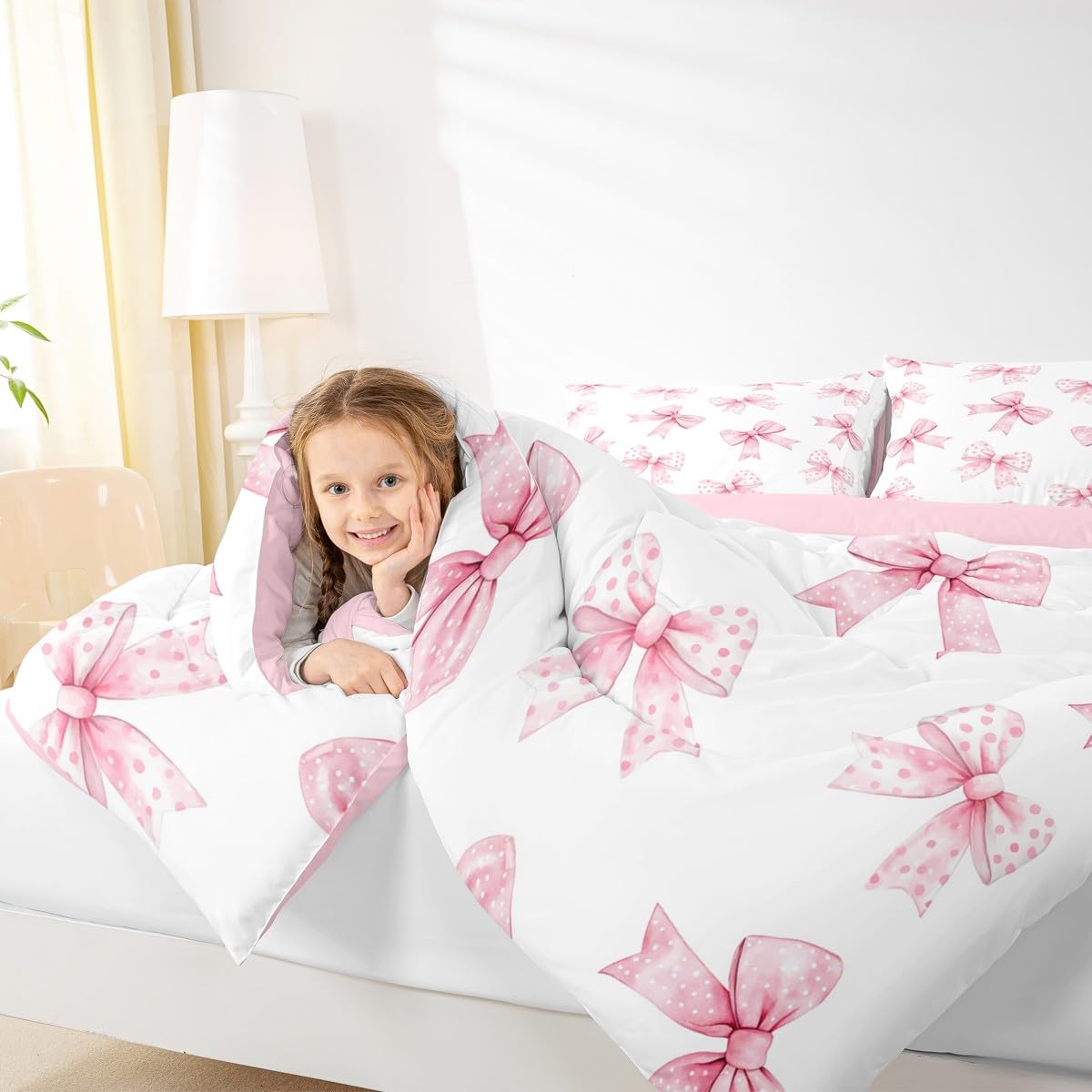 Erosebridal Pink Bow Kids Bedding | Coquette Bowknot Full Comforter Sets,Princess Girls Ribbon Bowtie Comforter Watercolor Cute Duvet Insert with 2 Pillow Cases