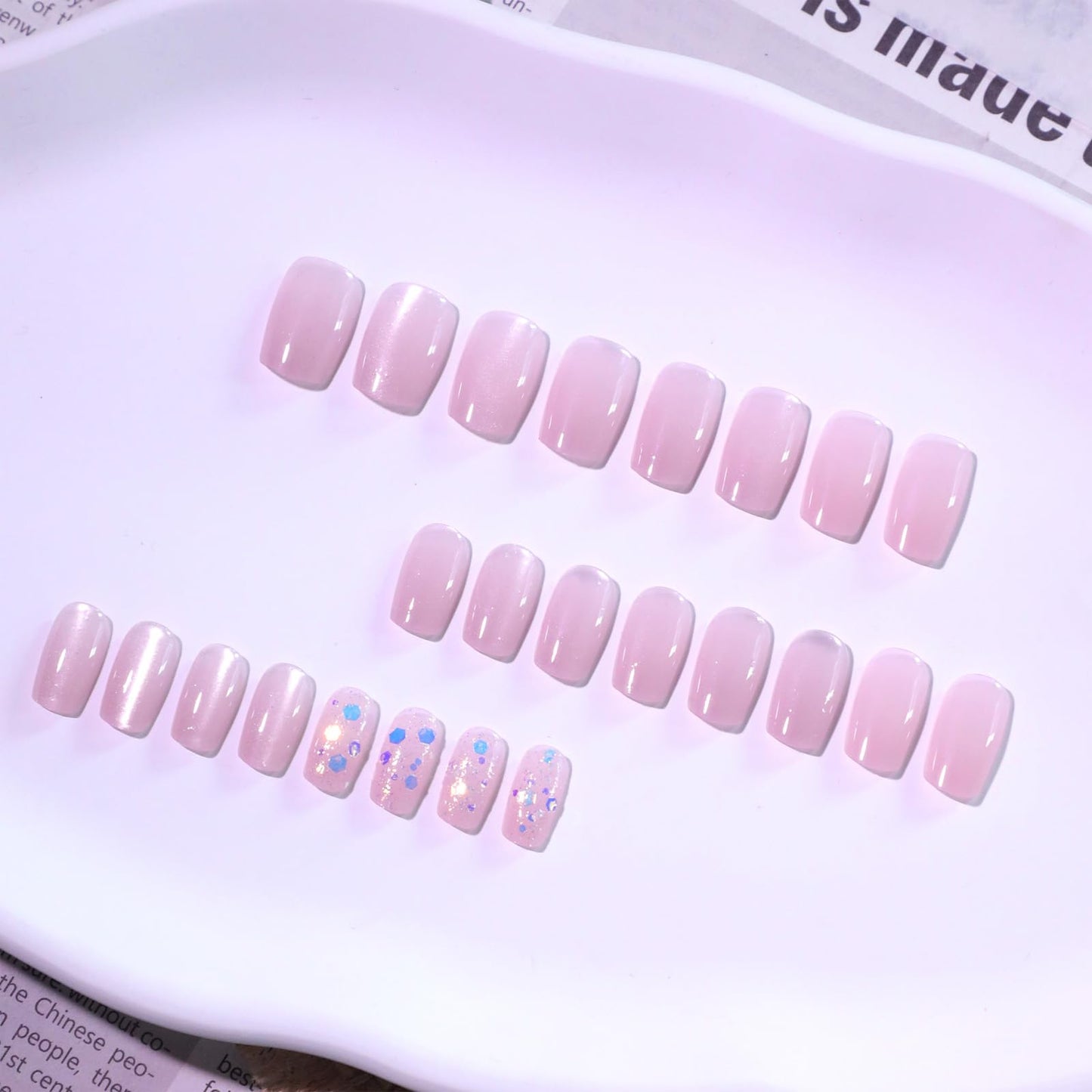 Medium Squoval Press On Nails with Cat Eye Base – Nude Pink Acrylic Fake Nails, 24PCS Glitter Glossy Stick On Nail Kit, Reusable False Nails with Adhesive & Tools for Women