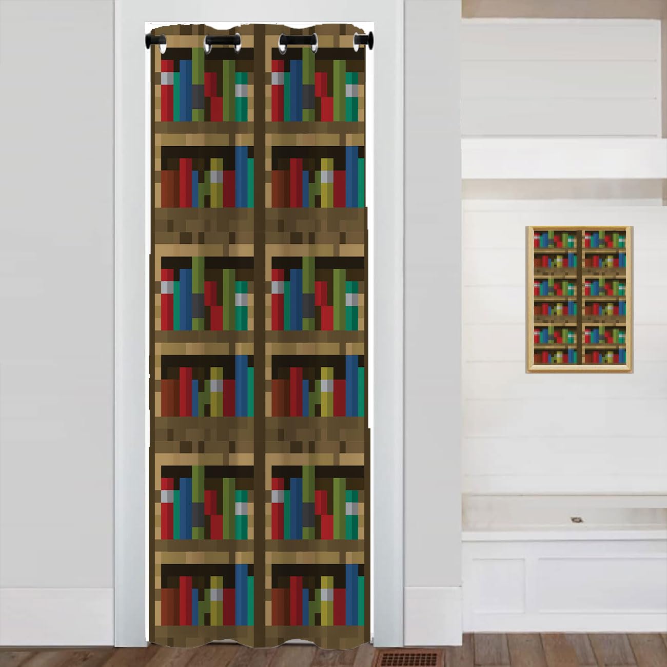 Wuminmin Pixelated Bookshelf Curtain, Educational Bookcase Pixel Art Video Game Closet Cover Curtain for Darkening Door Drape for Kids Teens Boys, 1 Panel 34" W x 80" L
