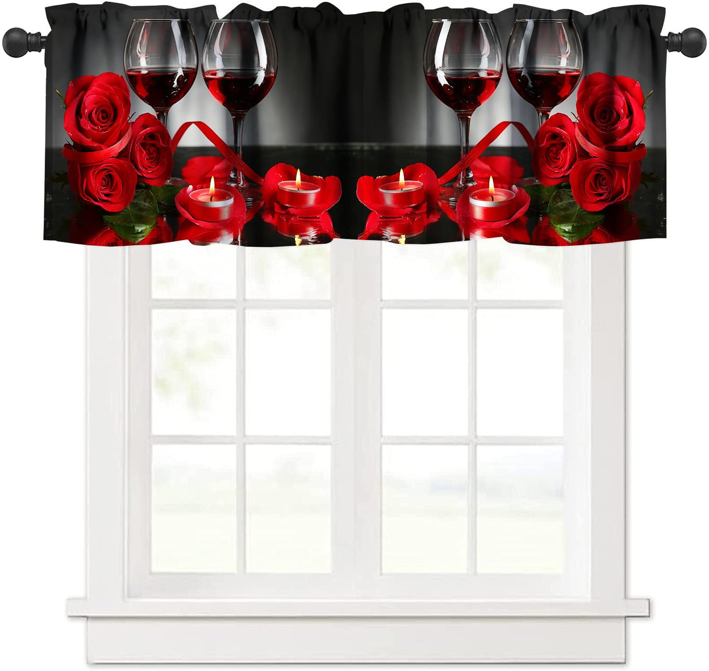 Red Rose Flowers and Wine Kitchen Curtains Valance, Red Wine with Rose and Glass Rod Pocket Window Valance for Bedroom Living Room Kitchen Cafe 1 Panels W54xL18in