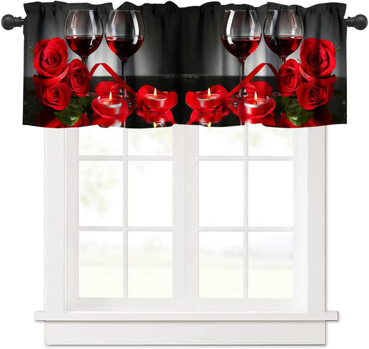 Red Rose Flowers and Wine Kitchen Curtains Valance, Red Wine with Rose and Glass Rod Pocket Window Valance for Bedroom Living Room Kitchen Cafe 1 Panels W54xL18in