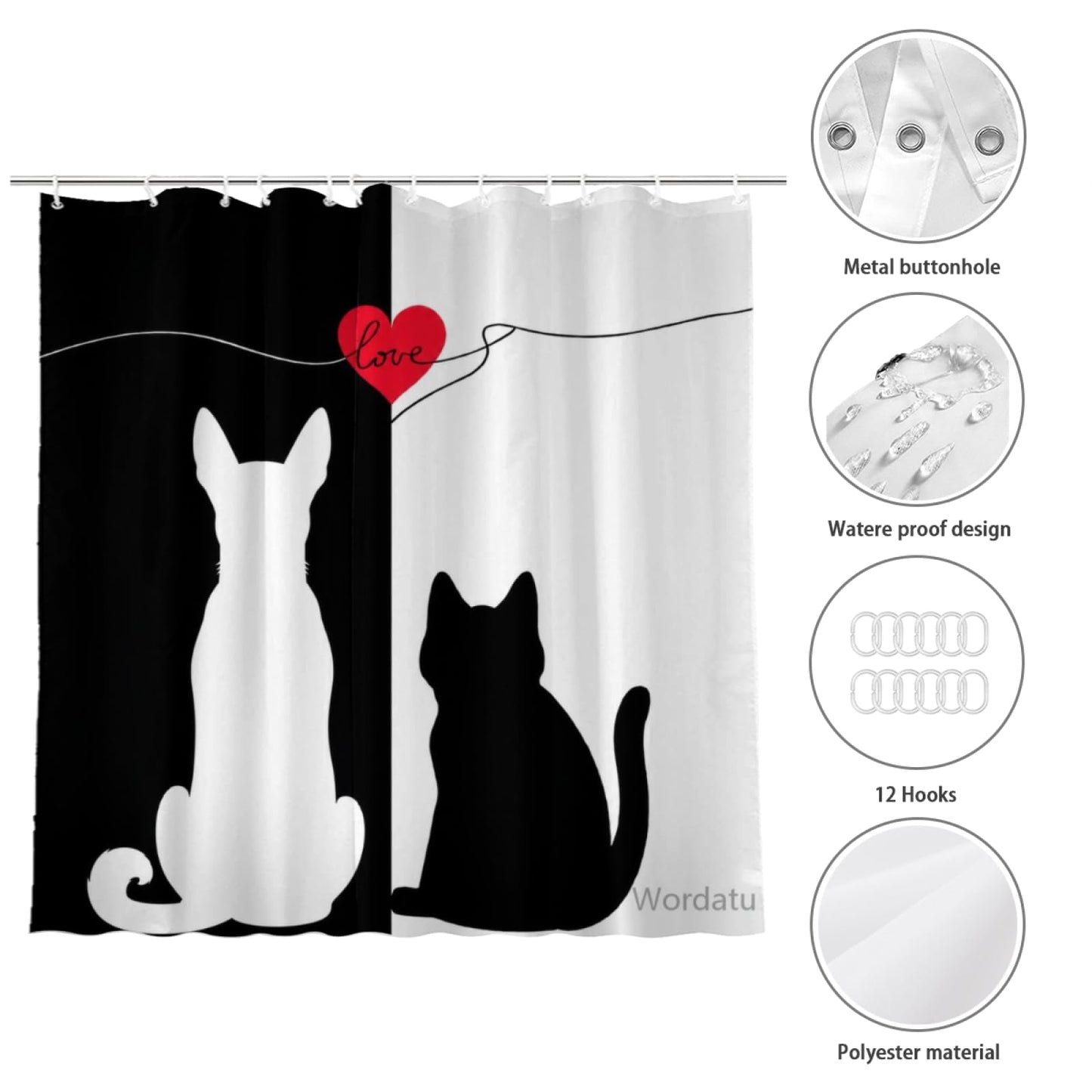 Wordatu Cute Cat and Heart Basenji Shower Curtain, Funny Animal Polyester Shower Curtains for Bathroom,Waterproof Fabric Bath Decor with Plastic Hooks 72x72 in
