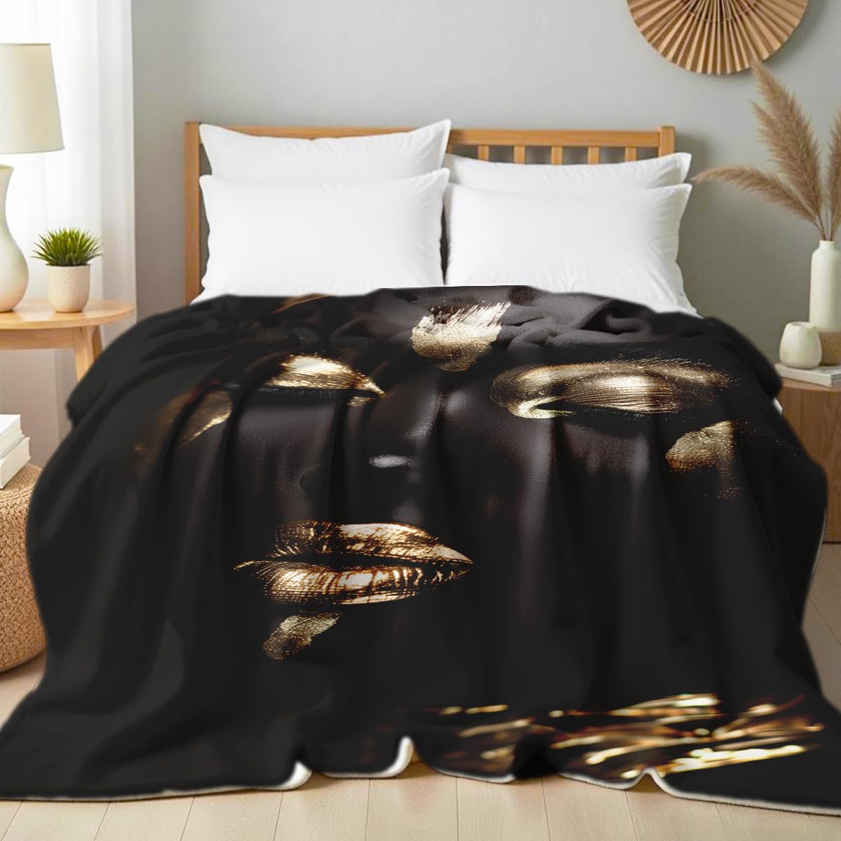 HUNXIAOJ African American Woman Blanket Throw Black Gold Print Flannel Blanket Gifts for Girls Female Women African American Couch Bed Living Room Home Decor 49"x59"