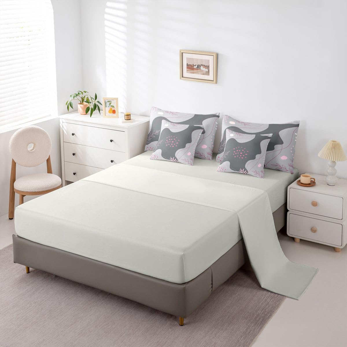 Erosebridal Grey and Pink Twin Comforter Set with Sheets Boho Mid Century 7 Piece Bedding Set Modern Abstract Bed in a Bag, Geometric Lines Room Decor
