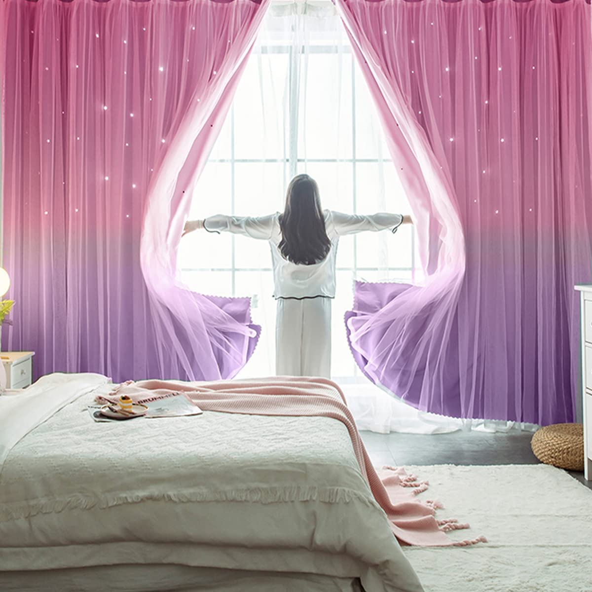 Yancorp Kids Curtains for Girls Bedroom Princess Curtains for Daughter Room 84 Inches Long Star Curtains with Tieback & 3 Bowties(Pink Purple,W52*L84),1 Panel