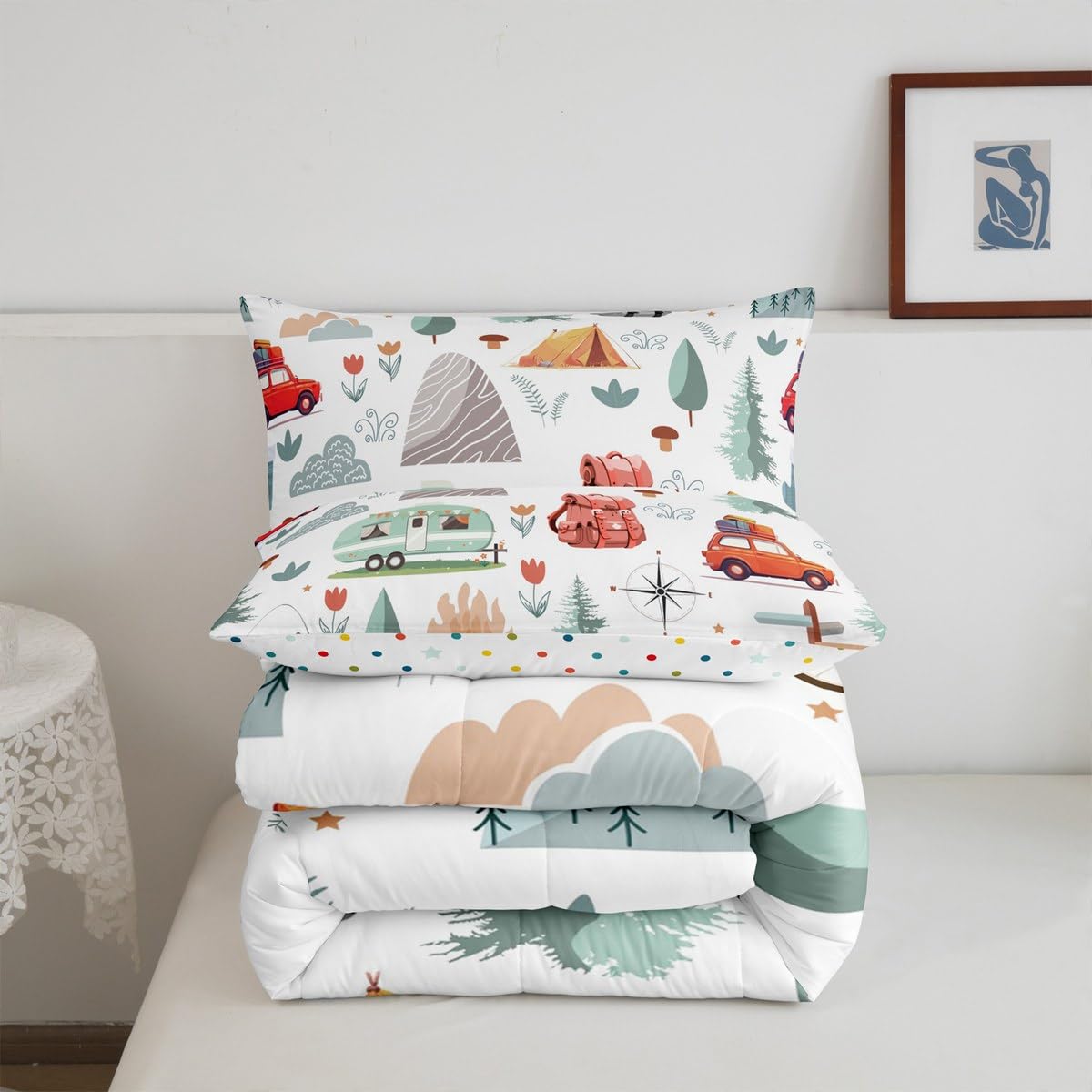 Kids Camper Theme Comforter Set Full 3Pcs, Happy Camping Bedding for Toddler, Travel Car Rv Accessories Down Comforter, Botanical Flowers Mountain Adventure Quilt, Cute Camper Duvet Set Room Decor