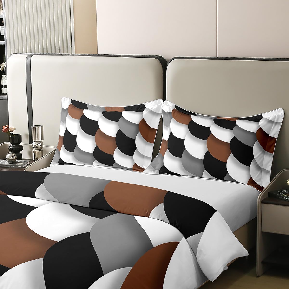 jejeloiu Brown Black White Geometric Bedding Set Queen Size Kids Abstract Art Duvet Cover 100% Cotton for Boys Girls Abstract Comforter Cover Soft（No Comforter）
