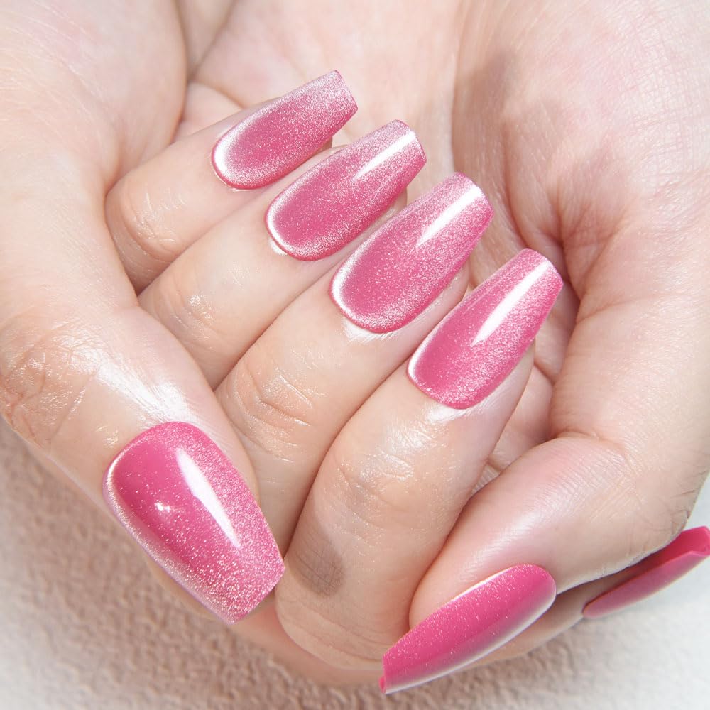 evpct Rose Pink Cat Eye Coffin Press on Nails Medium Square No Glue, Medium Square Stick on Nail for Women, Pink Metallic Glitter Glossy Reusable Summer Soft Press on Acrylic Fake Nail with Designs
