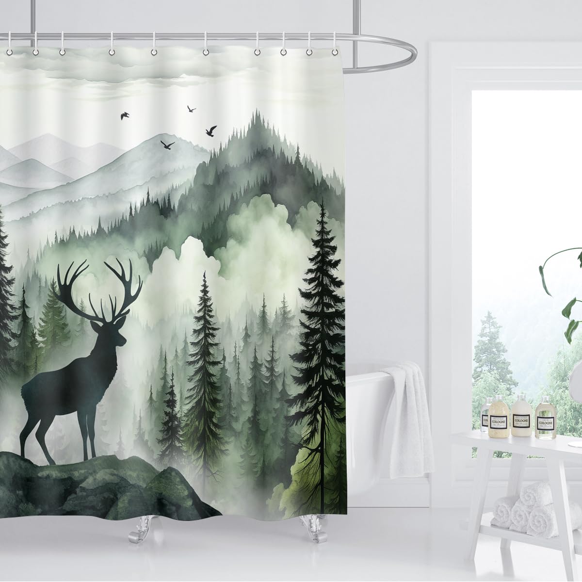 BIYSUC Misty Forest Deer Shower Curtain Nature Mountain Landscape Woodland Animal Bathroom Home Decor Waterproof Polyester Fabric 72Lx72W Inch with Hooks