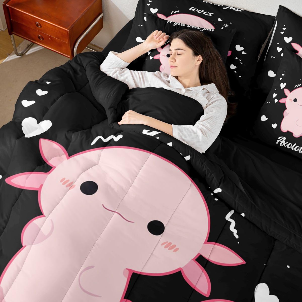 Erosebridal Love Heart 7 Piece Bedding Set King Axolotl Comforter Set with Sheets Cute Pink Salamander Girly Kawaii Bed in a Bag Axolotl Cartoon Animal Pattern for Kids Boys Girls