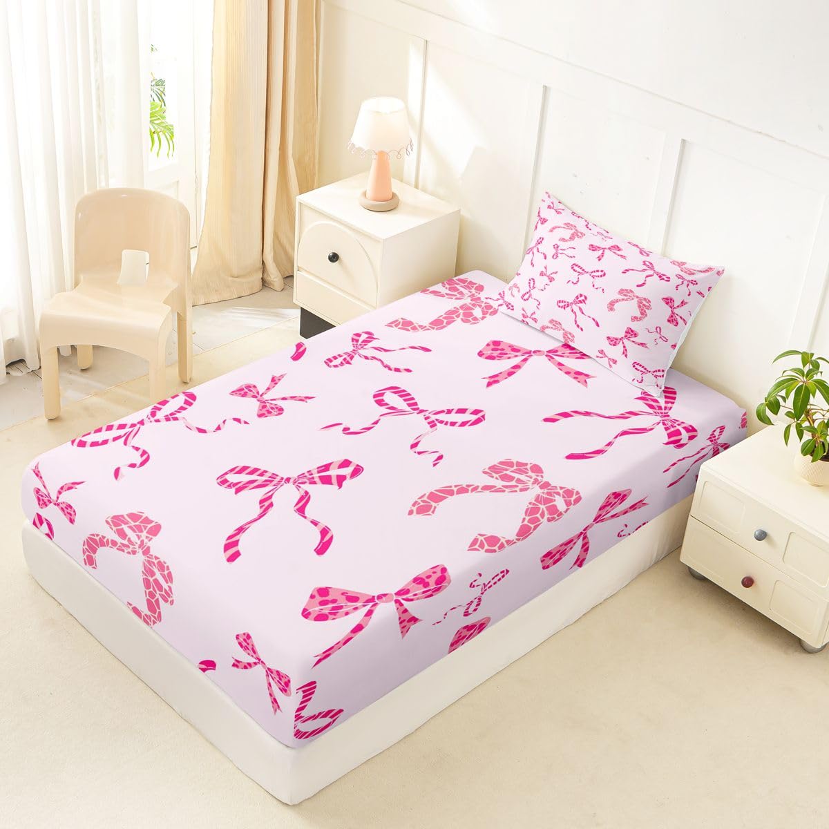 jejeloiu Pink Leopard Bow Fitted Sheet with 1 Pillowcase Twin Size Leopard Print Bowknot Bed Sheets Set 16" Deep Pocket Boys Girls Cute Ribbon Bowknot Bedding Teens Bedroom Decor Breathable