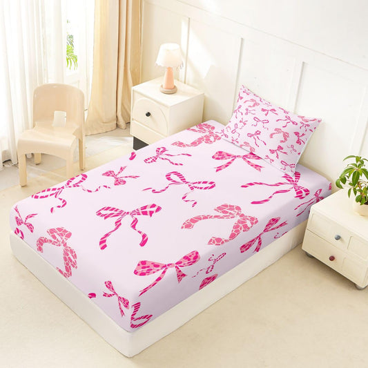 jejeloiu Pink Leopard Bow Fitted Sheet with 1 Pillowcase Twin Size Leopard Print Bowknot Bed Sheets Set 16" Deep Pocket Boys Girls Cute Ribbon Bowknot Bedding Teens Bedroom Decor Breathable