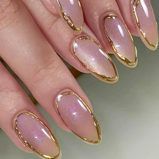 evpct Gold Line 3D Cat Eye Press On Nails Medium Almond No Glue, 3D Crystal Handmade Press on Nails for Women Gift, Reusable Medium Almond Acrylic Fake Nail Stick on Soft Nail Gold Tip with Designs