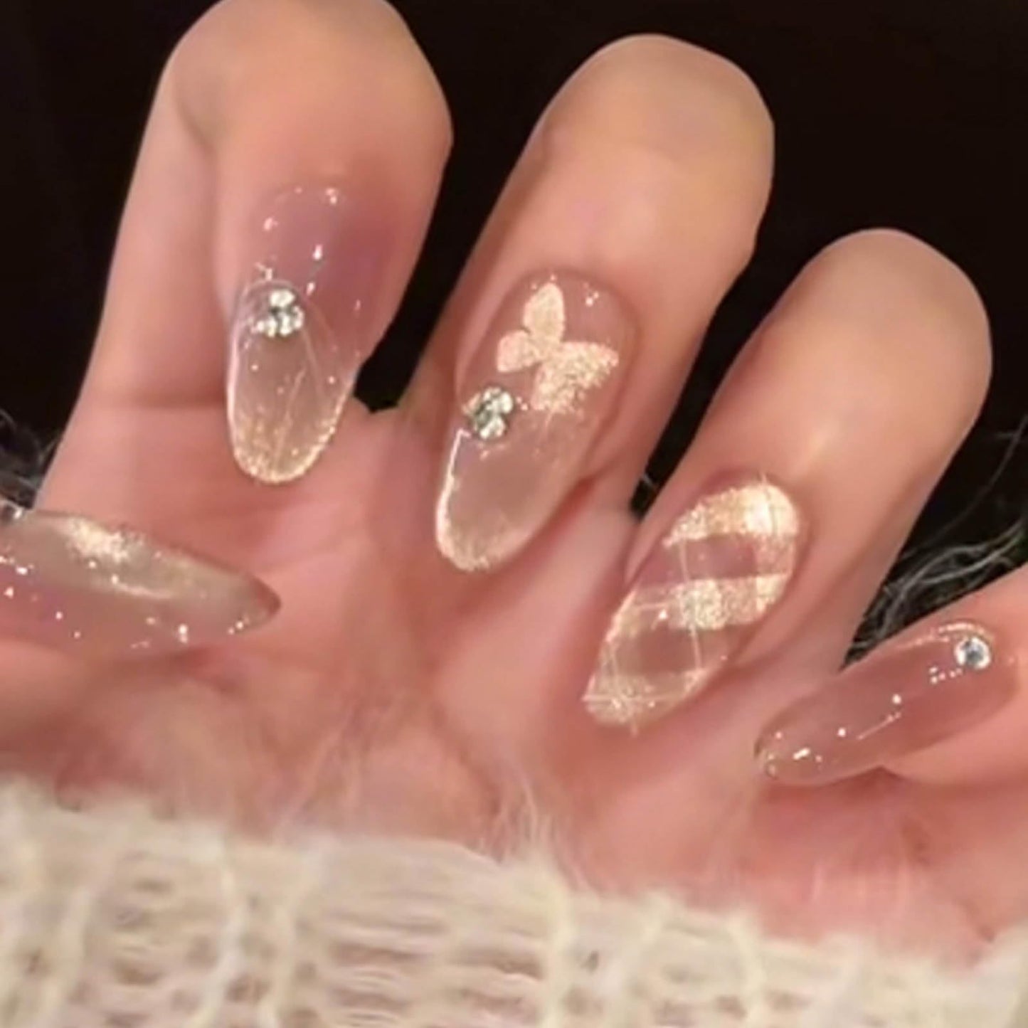 Hkanlre Bling Fake Nails Tips Lattice Press on Nails Full Cover False Cat Eyes Nails Medium for Women 24PCS