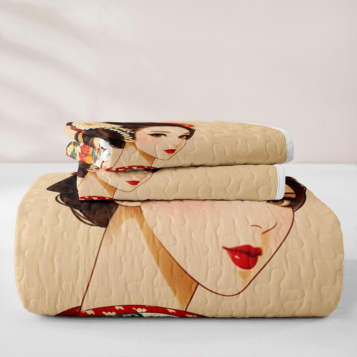Erosebridal Japan Geisha Quilt Twin Size - Japanese Girl Bedspread Traditional Japanese Bed Coverlet with 1 Pillowcase