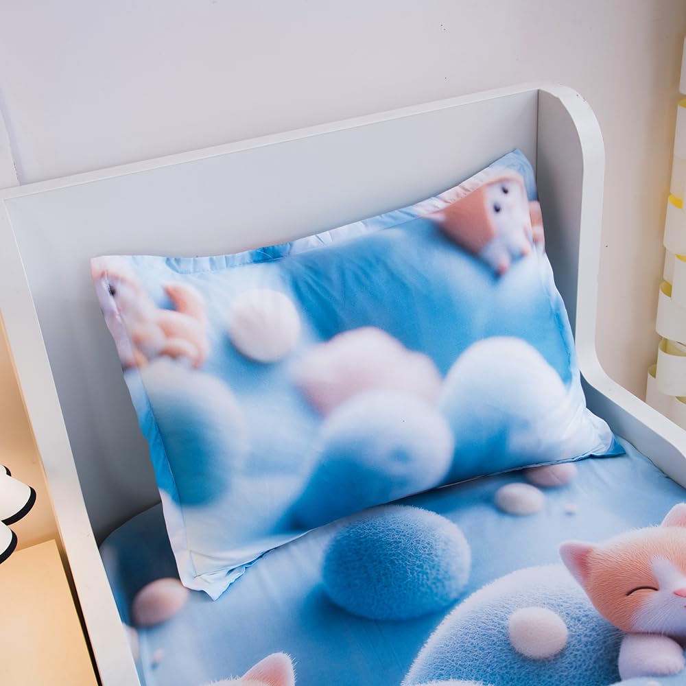 KWLOVER 2PC Soft Bed Fitted Sheet and Pillowcases Set,3D Cute Cats Pattern Printed Bed Sheets for Kids Boys Girls Twin Size Bed (Blue Cats, Twin)