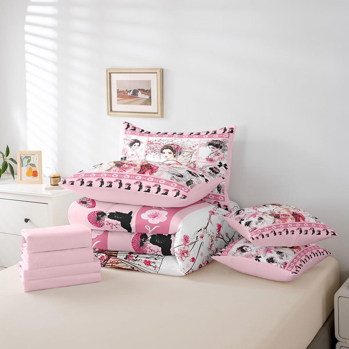 Feelyou Japanese Geisha Comforter Set Twin Size 7 Pieces Cherry Blossoms Kids Boys Girls Bowknot Bedding Set Pink Japanese-Style Plaid Bed in a Bag with Comforter, Sheets, Pillowcases & Cushion Cover