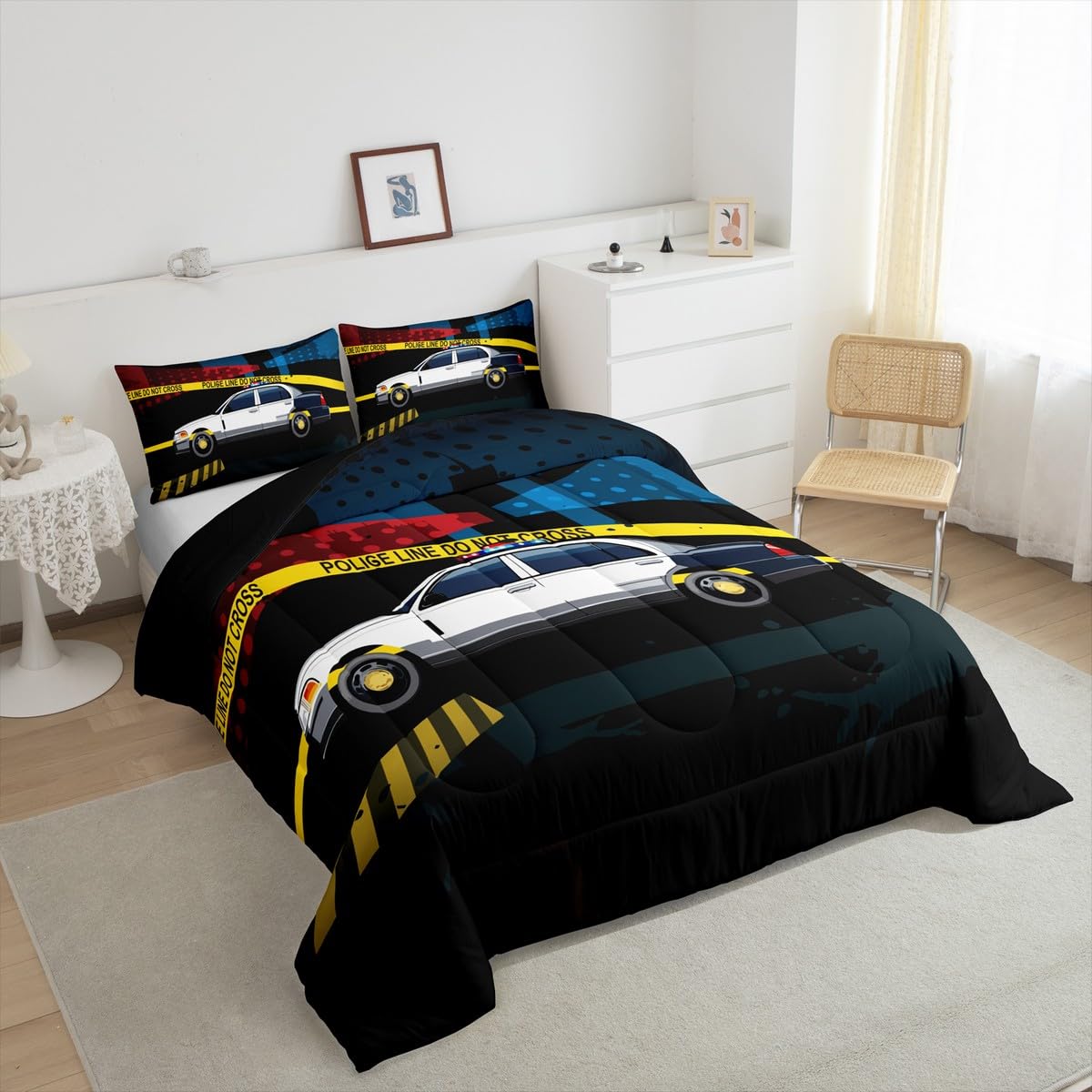 Feelyou Police Car Bedding Set Policeman Vehicle Boys Comforter Set for Kids Teens Soft Automobile Comforter Emergency Responder Vehicles Duvet Set Room Decor Twin Size Quilt Boys