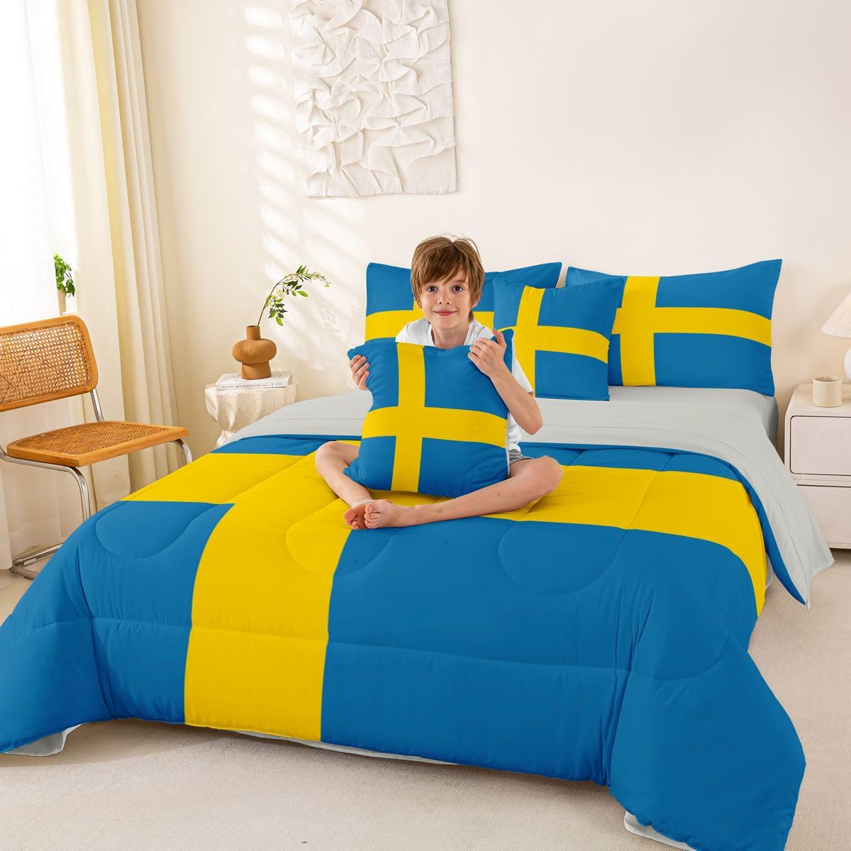 Feelyou Swedish Flag Comforter Set King Size 7 Pieces Sweden‌ Bedding Set for Kids Boys Girls World Countries Bed in a Bag with Sheets Bedroom Decor All Season Quilted Breathable Soft Lightweight