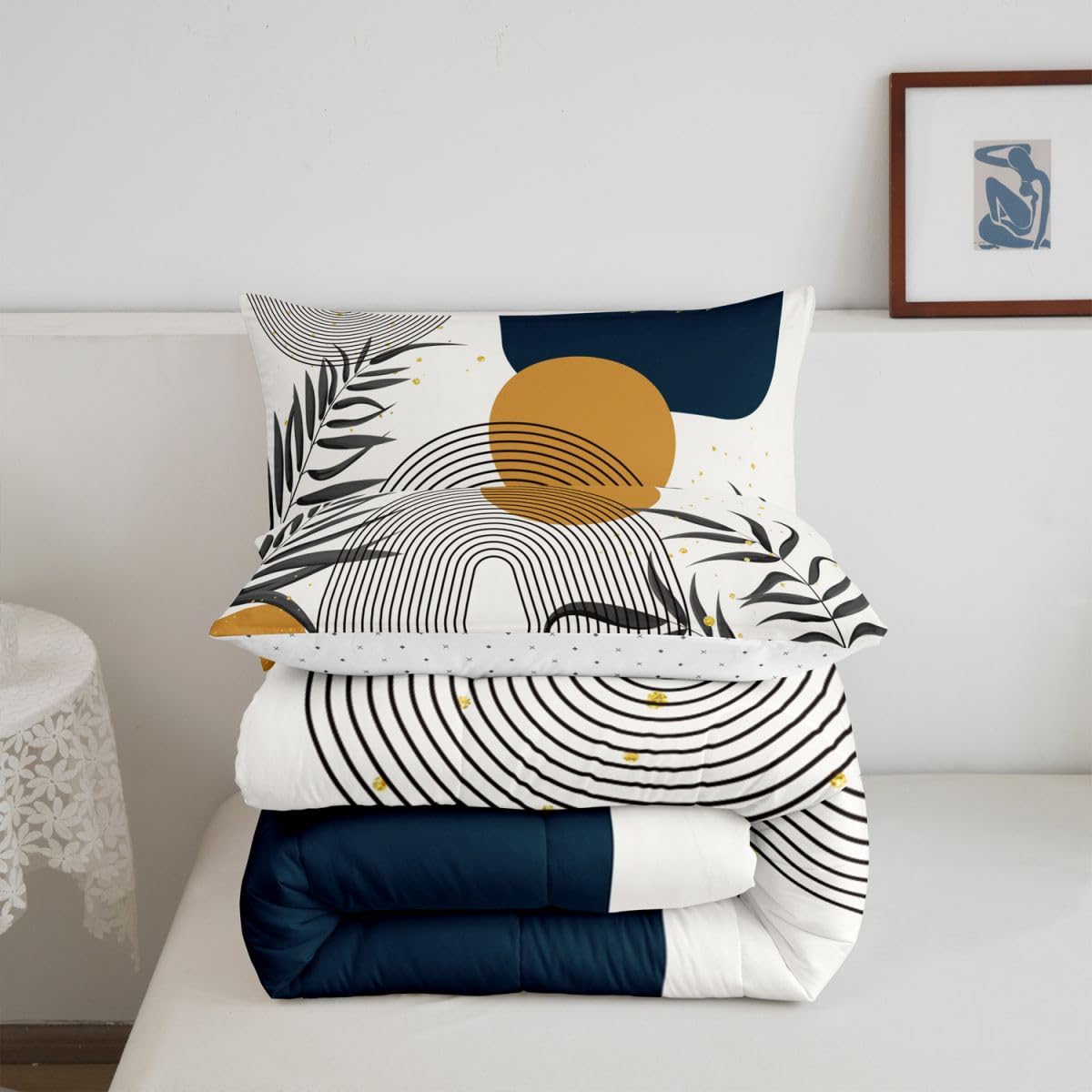 Erosebridal Boho Mid Century Twin Comforter Set, Contemporary Bohemian Minimalist Bedding Set, Abstract Geometric Comforter, Sage Tropical Palm Leaves Retro Elegant Zen Quilt for Kids Teens Adults