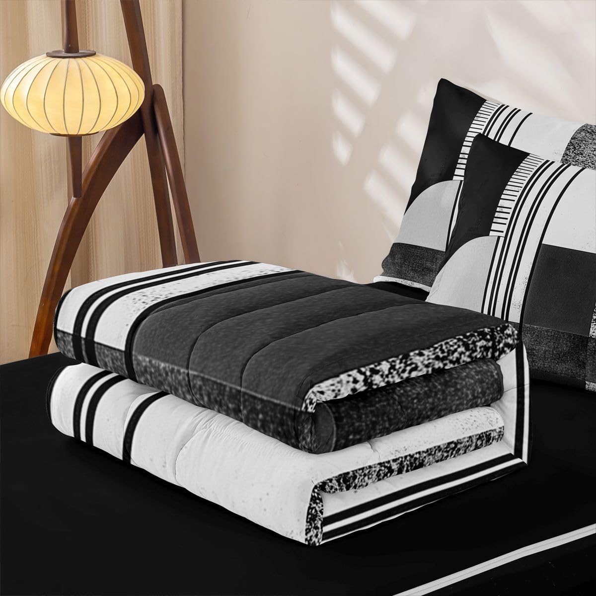 jejeloiu Modern Art Print Full Zipper Bedding Set Retro Kids Comforter Set with Fitted Sheet and 2 Pillowcases Abstract Geometric Bed in a Bag Zip Up Bedding Soft Microfiber