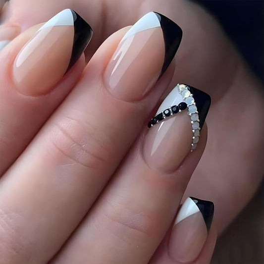 French Press on Nails Short Square Fake Nails Black White Medium False Nails with Designs Pearl Rhinestones Acrylic Nails Glossy Glue on Nails Nude Stick on Nails for Women Nails Art Manicure 24 Pcs