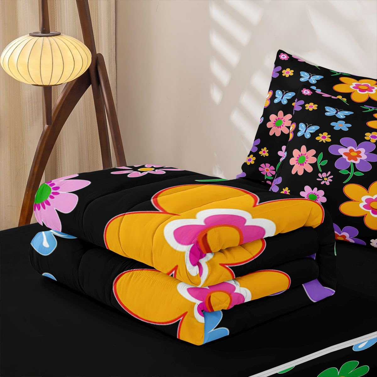 Feelyou Cute Flower Zipper Bedding for Kids Cartoon Botanical Floral Queen Comforter Set with Fitted Sheet 2 Pillowcases Aesthetic Flower Bed in a Bag Soft Lightweight Microfiber