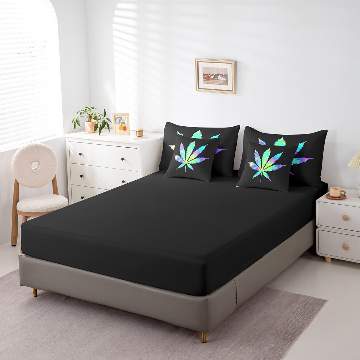 Erosebridal Leaves Full Size Bed Sheets and Comforter Set,Leaf 7 Piece Bedding Set Rainbow Botanical Bed in a Bag, Artwork Plant Bed Sets