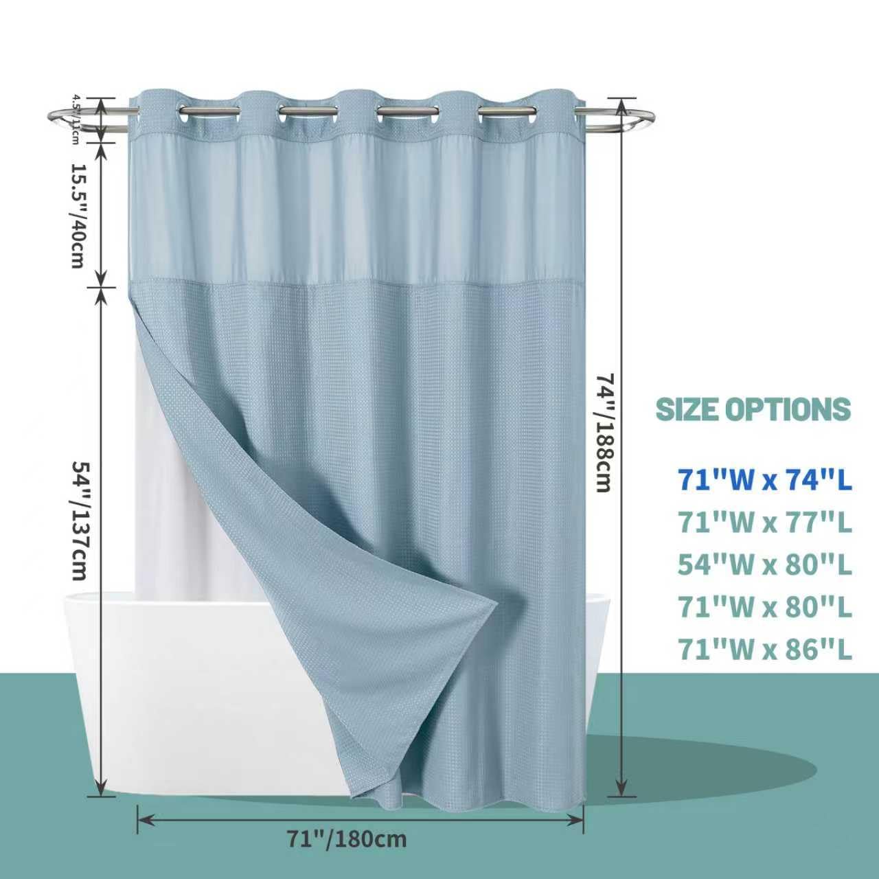 eachope Teal Hook Waffle Weave Shower Curtain with snap-in Liner Replacement, 230GSM Waterproof Fabric Hotel Shower Curtain Set for Bathroom, Through Mesh Top Window,71Wx74H