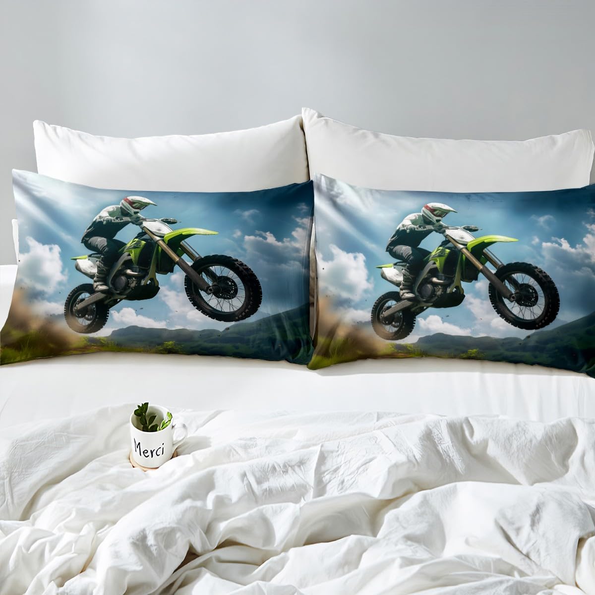Feelyou Dirt Bike Bedding Set Extreme Sports Theme Bed Sheet Set Kids Boys Youth Motocross Racer Printed Duvet Cover Motorcycle Illustration Bed Cover Bedroom Decor 3Pcs Sheets Full Size