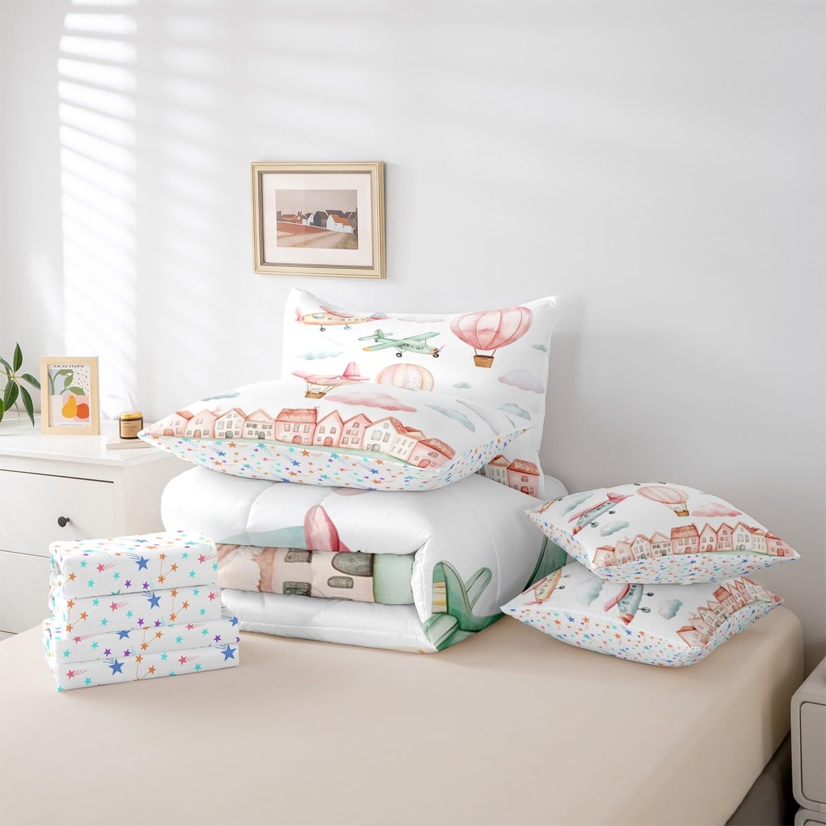 Erosebridal Cartoon Airplane Twin 7 Pcs Bedding Set, Pink Aircraft Comforter Set with Sheets for Girls Kids Youth Women Bedroom, Cute Cat Pink Hot Air Balloon Bed in A Bag, Colorful Cloud Bed Sets