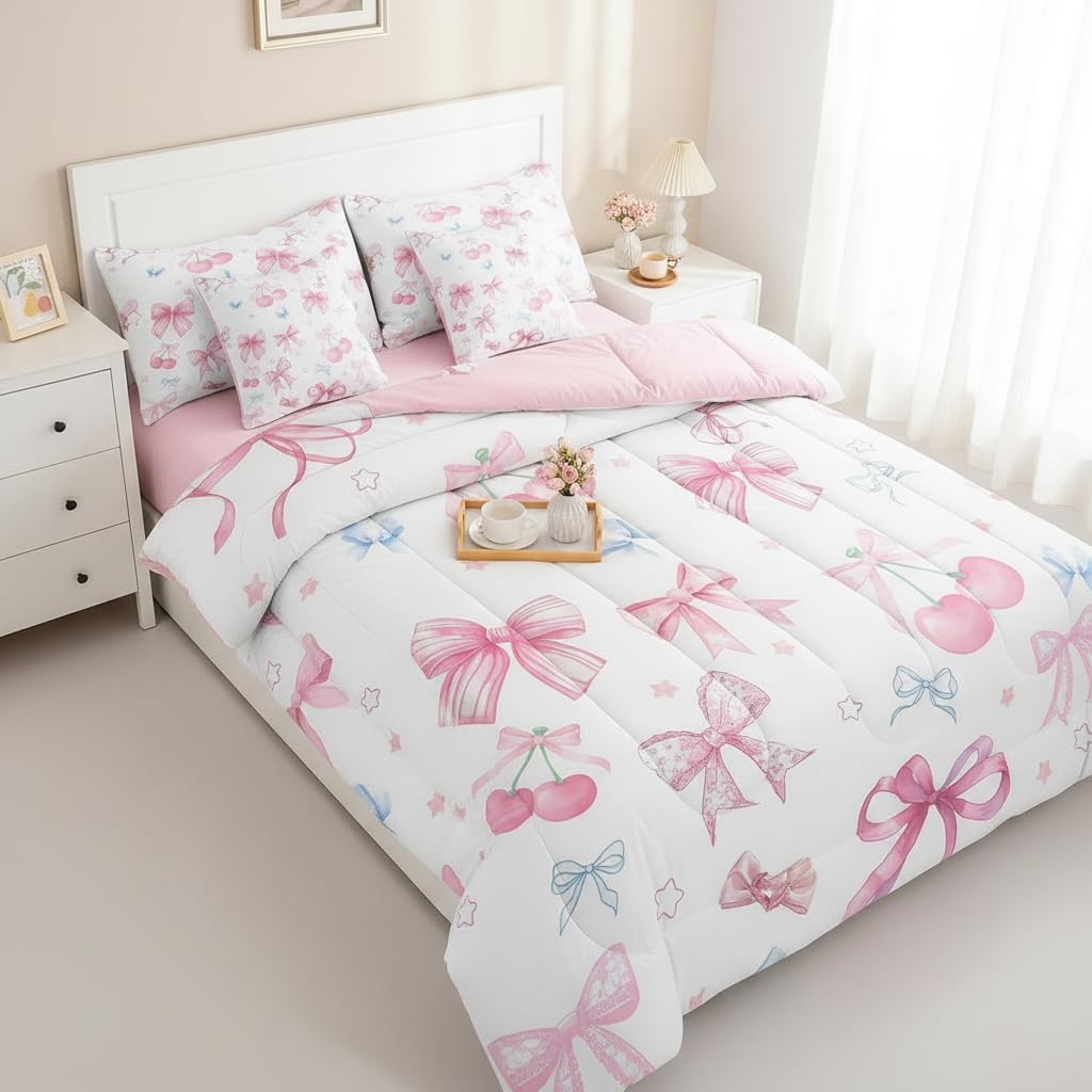7 Pieces Pink Bow Girls Comforter Set Full,Cherry Bowknot Print for Kids Girl Woman,Butterfly Bow Bedding Cute Sweet Princess Style Comforter+Fitted+Flat Sheet+2 Pillowcases+2 Throw Pillow Covers