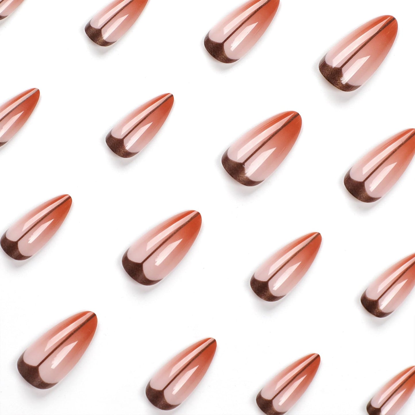 SINHOT Long Stiletto Press on Nails French Tip Almond Fake Nails Glossy Glue on Nails Brown Gradient Acrylic Nail Artificial Nail Black Line Stick on False Nail with Design 24 pcs