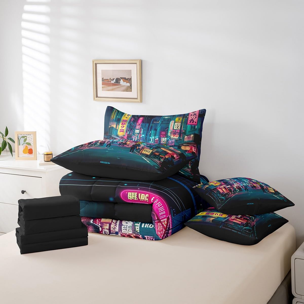 Feelyou Japanese Art Comforter Set 7 Pieces Full Size Tokyo Anime Bedding Set for Boys Girls Japan Night City Bed in a Bag with Comforter, Sheets, Pillowcases & Cushion Covers