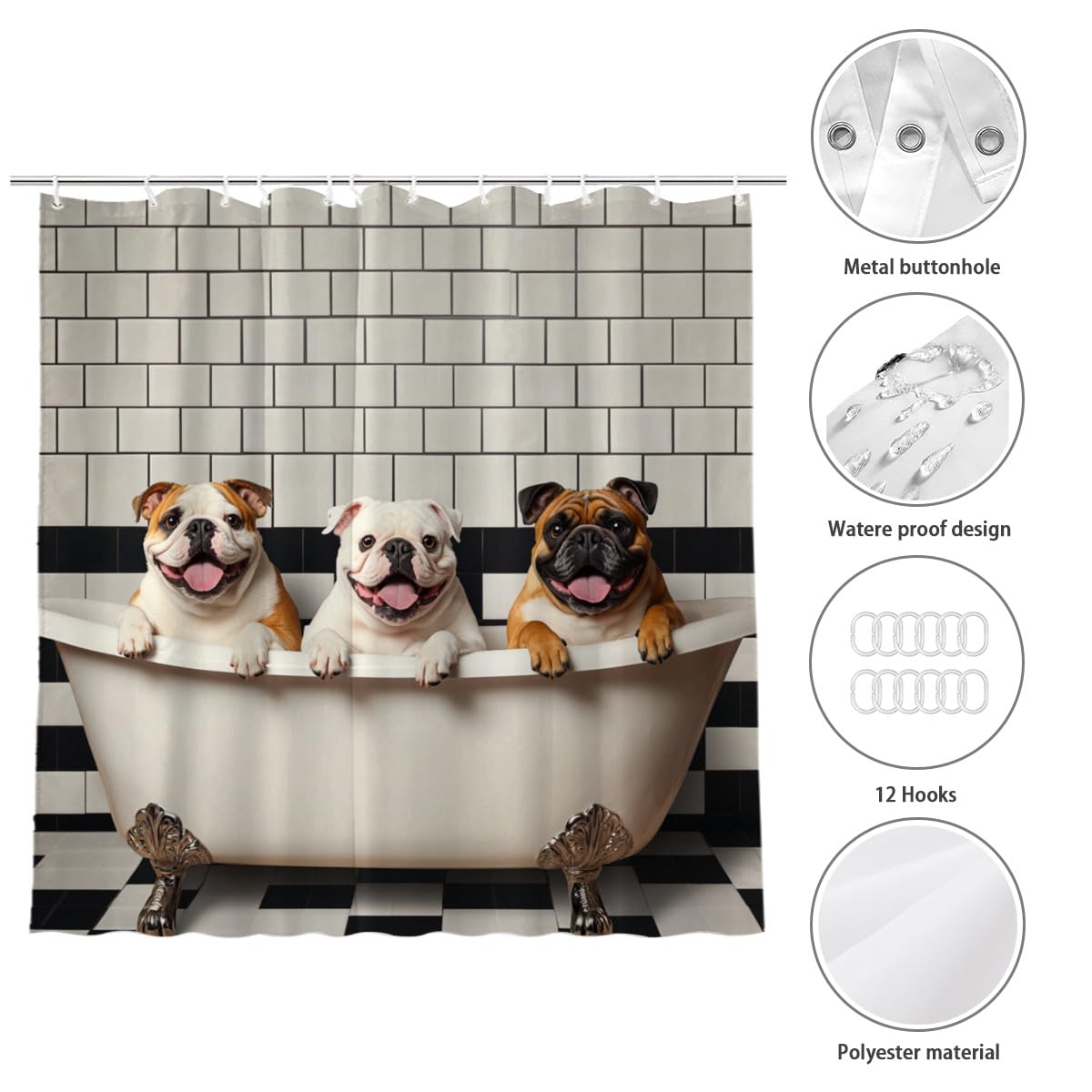 KEEPAEON Bulldog Shower Curtain 72Wx72H Inch Bulldog Bathing in Bathtub Cute Animal Shower Curtain Bathroom Waterproof Bath Decoration