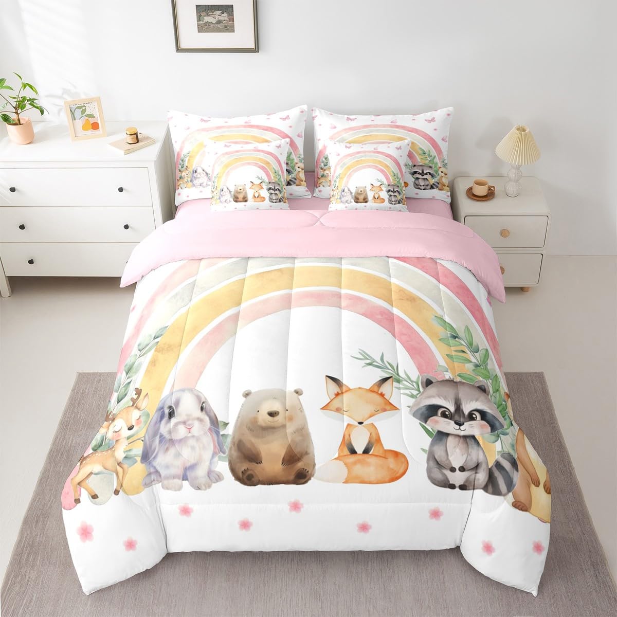 Erosebridal Cartoon Fox 7 Piece Bedding Set King Deer Comforter Set with Sheets Cute Bear Raccoon Otter Rabbit Floral Bed in a Bag Rainbow Butterfly Leaf Pattern for Kids Boys Girls