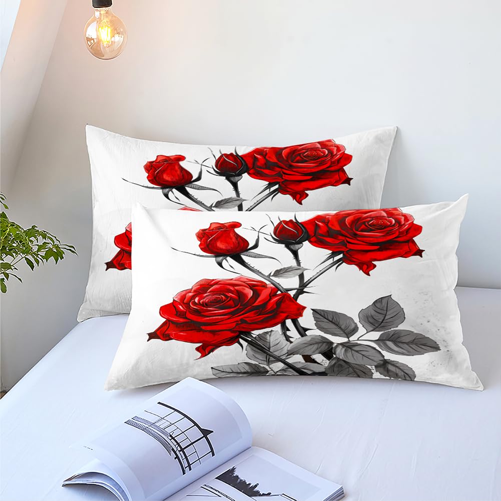 CCoutueChen Red Rose Comforter Set King Size 3 Pieces Romantic Roses Floral Bedding Set for Women Adult Stylish Aesthetic Bedding Soft Lightweight Comforter with 2 Pillowcases