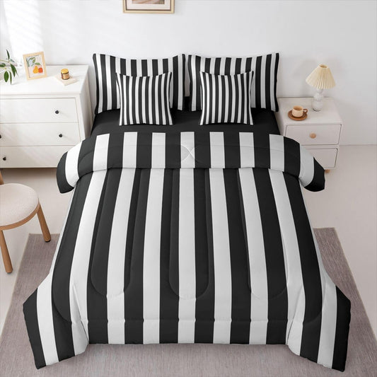 Erosebridal Gray and Black Striped King 7-Piece Comforter Set Simple Vertical Stripes Bedding Set with Sheets Modern Abstract Minimalist Aesthetic Bed in a Bag Retro Vintage Stripe Bed Sets