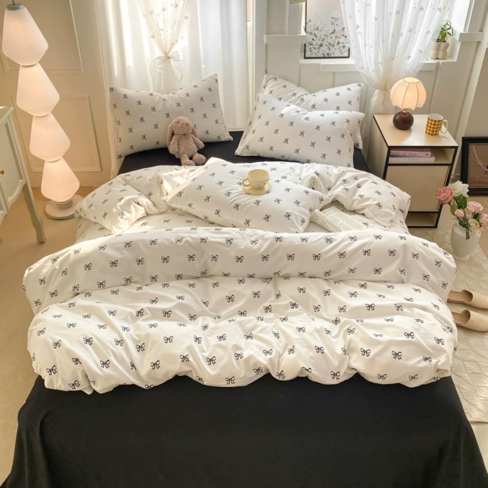 Sedefen Bow Duvet Cover Queen Size Black Bows Printed on White Duvet Cover Set Cute Kawaii Soft Breathable Microfiber Reversible Bedding Set Gift for Women Girls 3Pcs with 2 Pillowcases