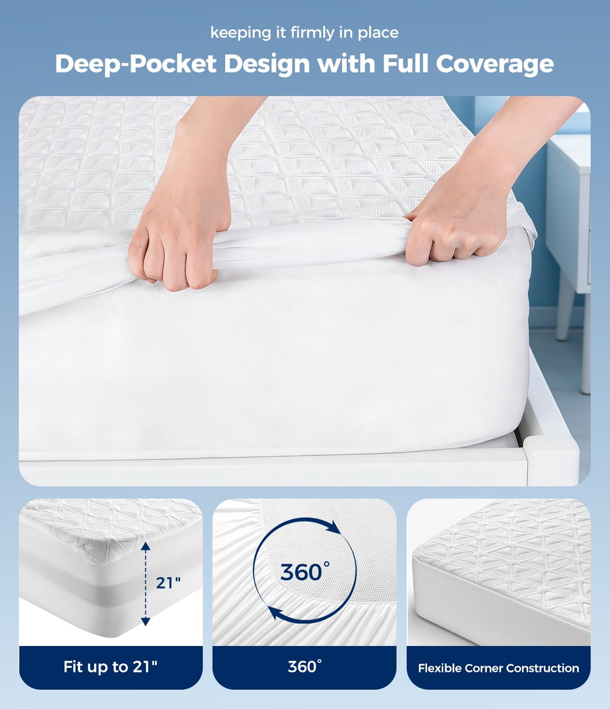 AVIKEN Waterproof Mattress Protector Queen Size, Soft Breathable Mattress Pad with Deep Pocket 8"-21", Noiseless 3D Air Fabric Cooling Mattress Cover for Bed, Machine Washable, White