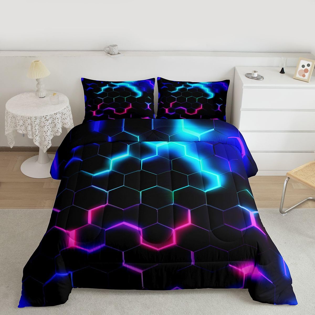 Castle Fairy 3D Honeycomb Comforter Set Twin Size,Neon Hexagon Theme Quilt Set Pink Blue Bedding 2pcs,Fashion Duvet Insert 1 Pillowcase,Black