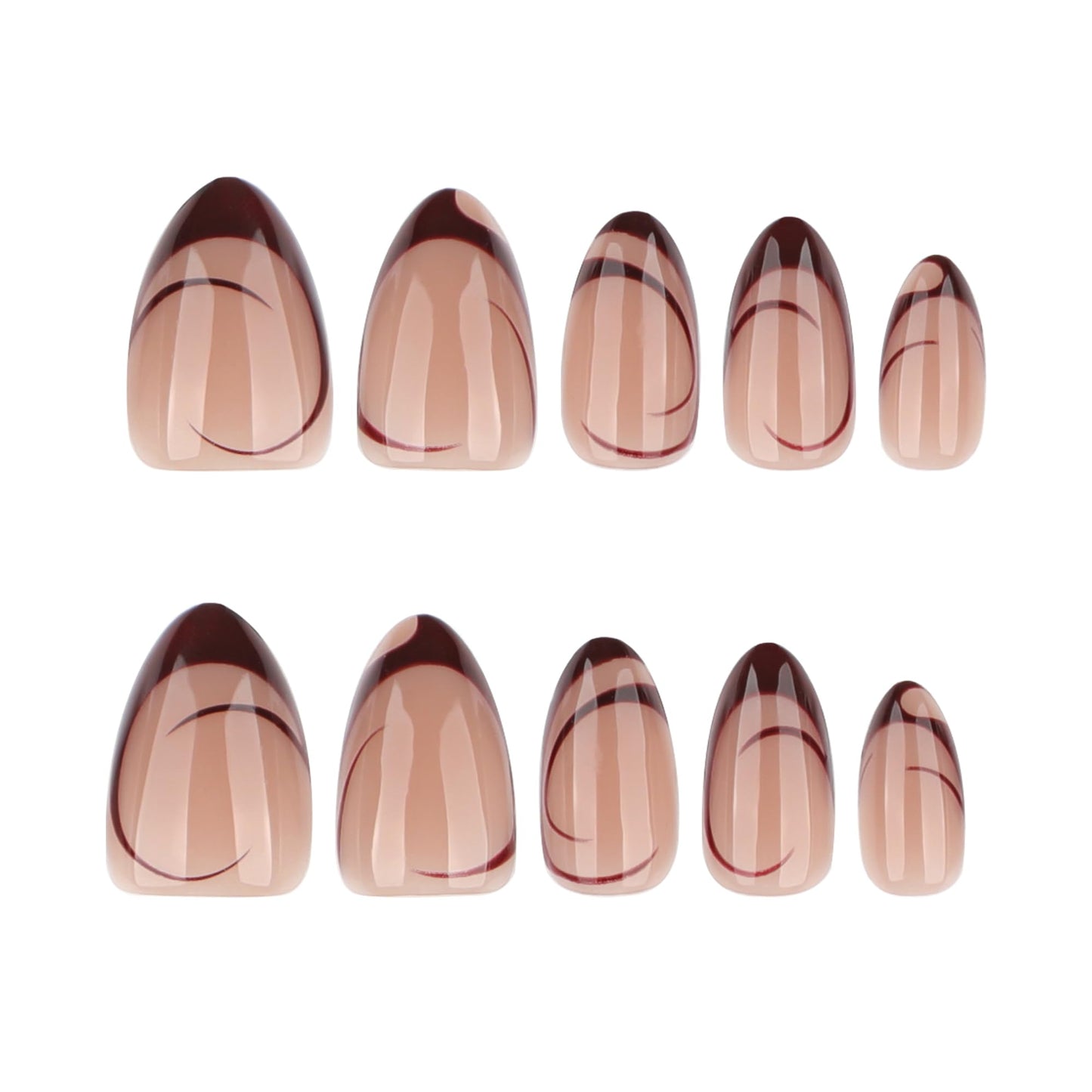 Stbisen Nude Almond Press on Nails Short, Fall French Fake Nails with Unique Elegant Shaped Burgundy French Tip Design, Glossy Finish Acrylic Nails, Natural Reusable Glue on Nails Kit for Women