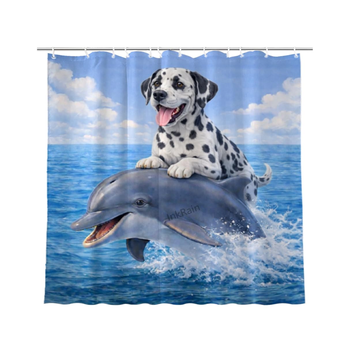 InkRain Ocean Dalmatian Shower Curtain with 12 Hooks Cute Puppy Riding Dolphin Bathroom Decor Waterproof Polyester Fabric Coastal Beach Bath Curtain 60x72 Inch