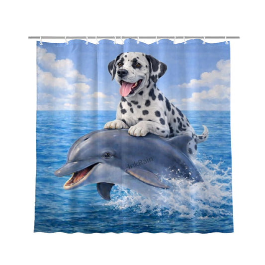 InkRain Ocean Dalmatian Shower Curtain with 12 Hooks Cute Puppy Riding Dolphin Bathroom Decor Waterproof Polyester Fabric Coastal Beach Bath Curtain 72x80 Inch